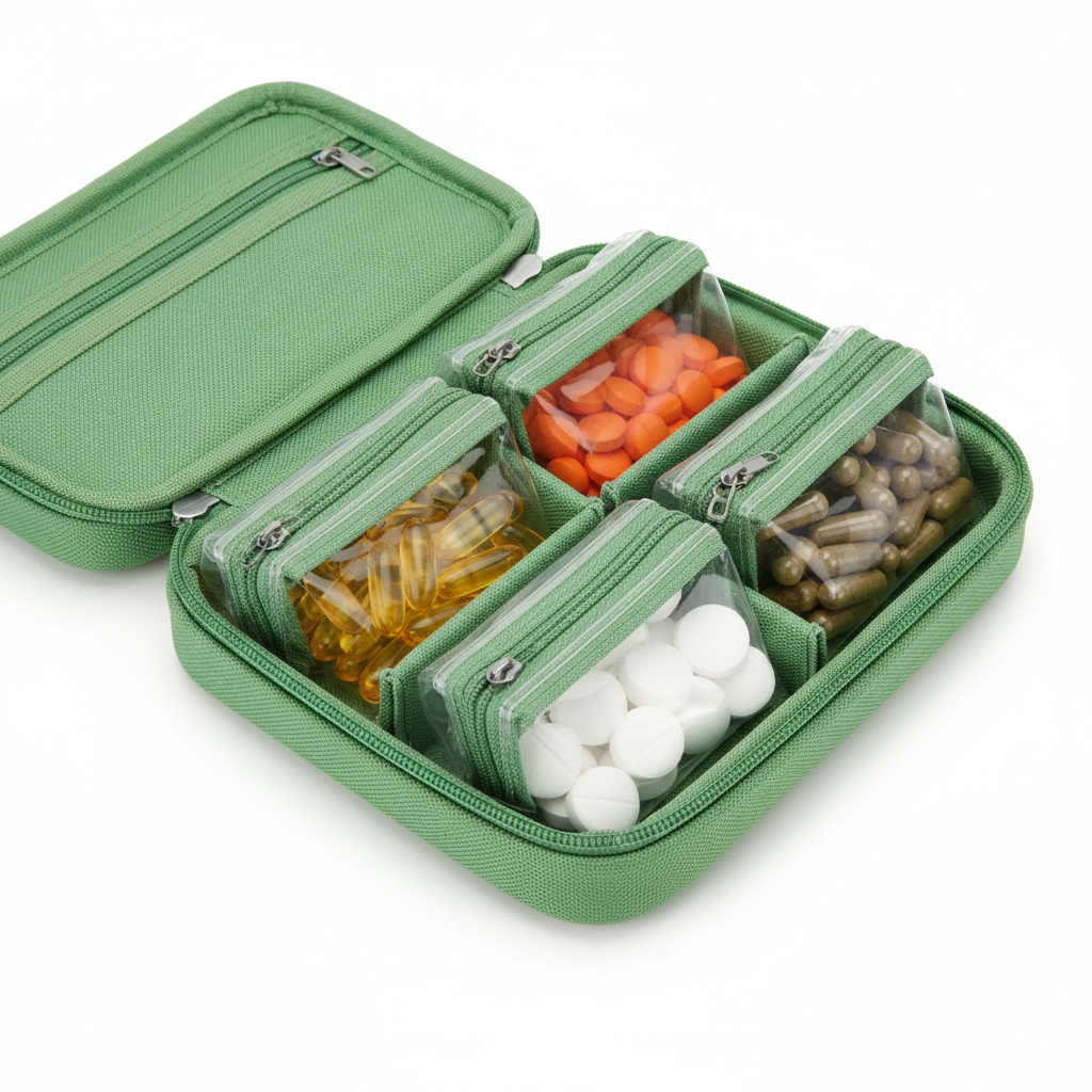 Supplement & Vitamin Organizer Case - open with vitamin pouches