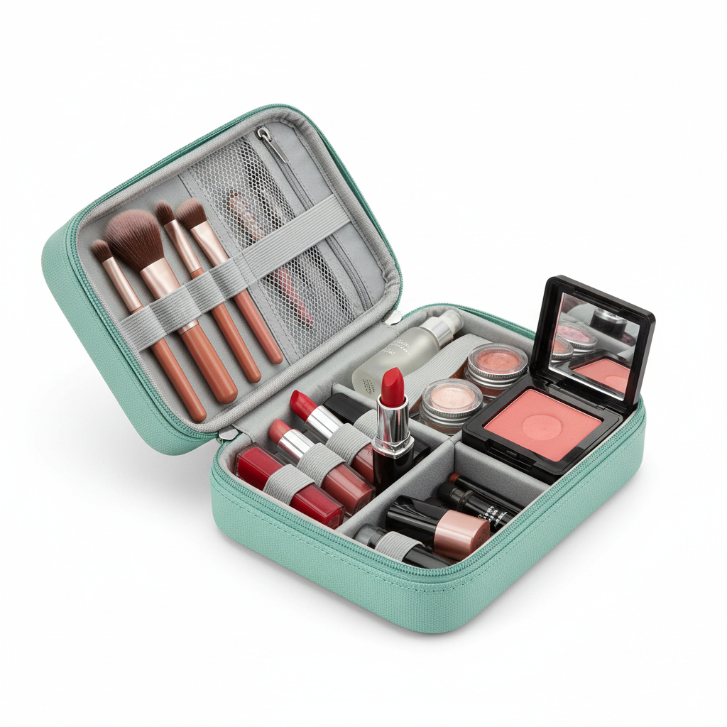 Compact Travel Cosmetic Case - open with cosmetics