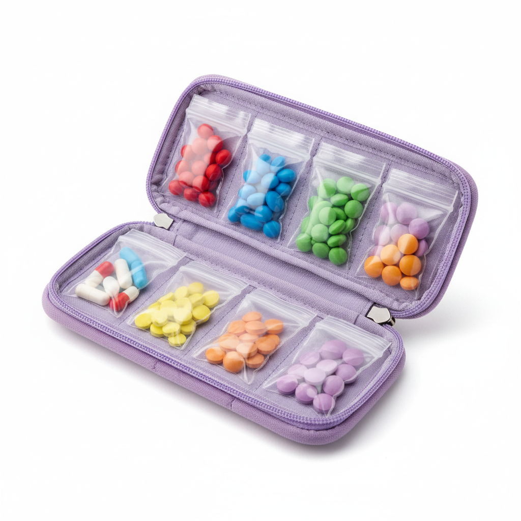Mini Portable Pill Organizer Case - open with pouches