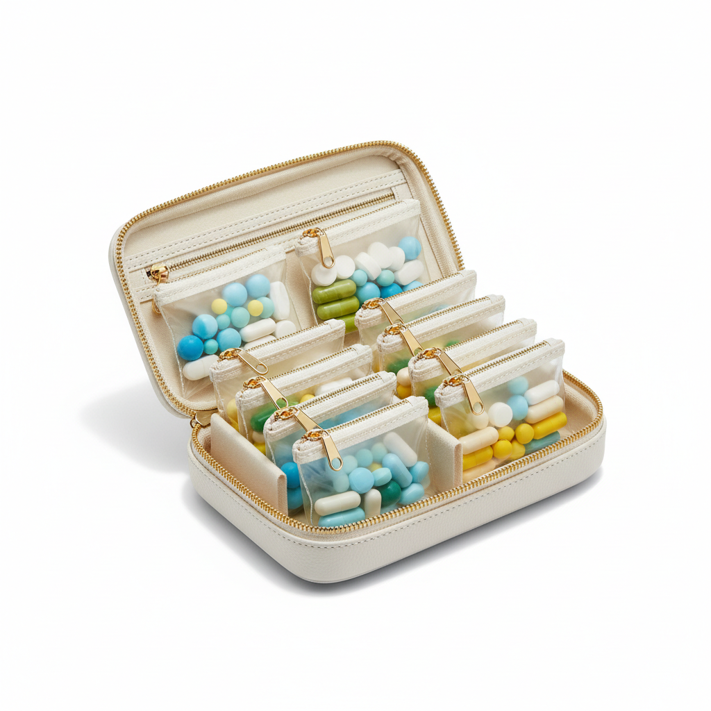 Premium Travel Pill Organizer Case - open with luxury pouches