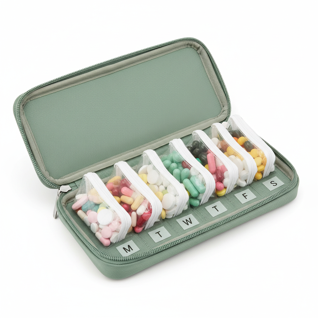 Weekly Travel Pill Organizer Case - open with 7 day pouches