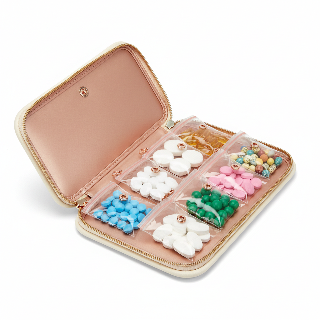 Deluxe Portable Pill Organizer Case - open with premium pouches