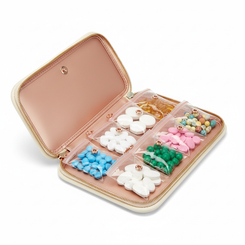 Deluxe Portable Pill Organizer Case - open with premium pouches