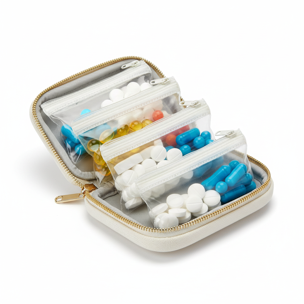 Zippered Pill Organizer Travel Case - open with pouches