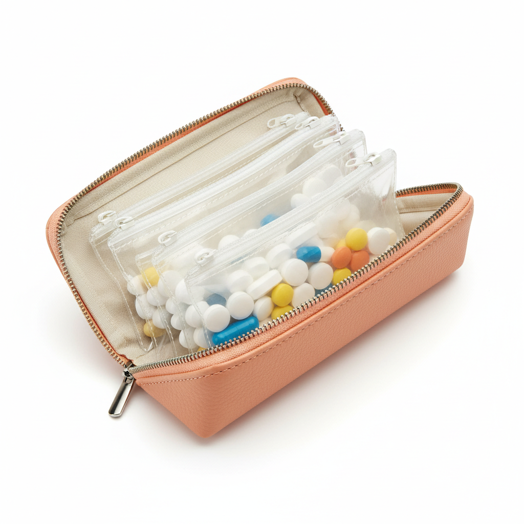 Slim Travel Pill Organizer Case - open with flat pouches