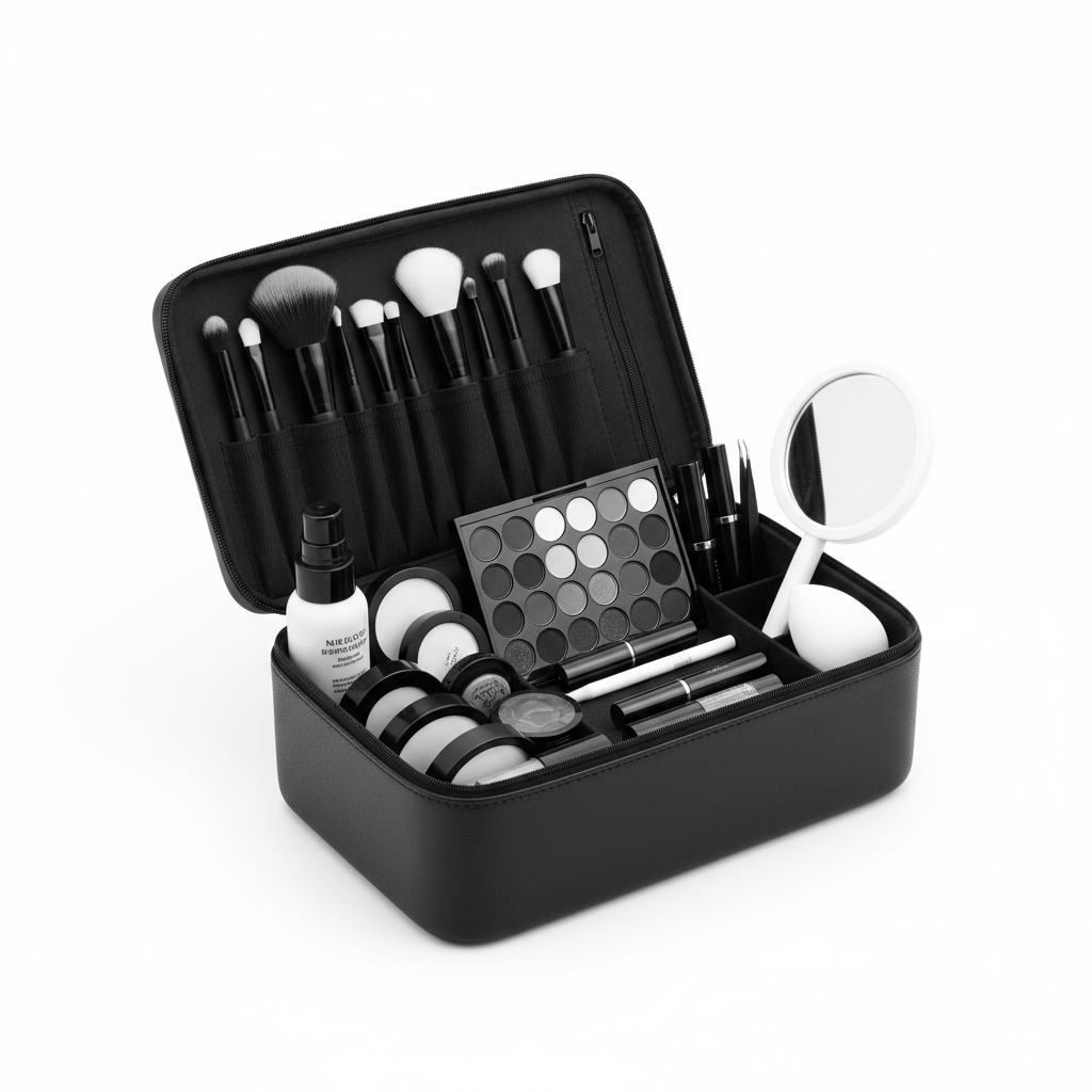 Monochrome Cosmetic Organizer Case - open with products