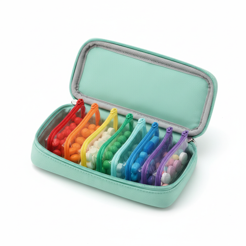 Compact Daily Pill Organizer Case - open view with compartments