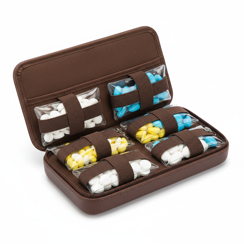 Leather-Style Pill Organizer Case - open with pouches