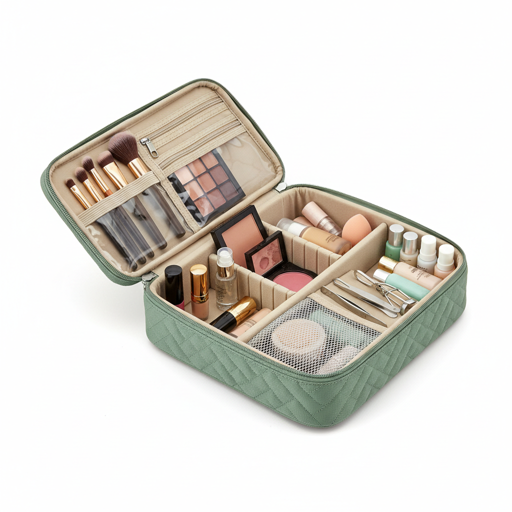 Zippered Cosmetic Travel Case - open with beauty products