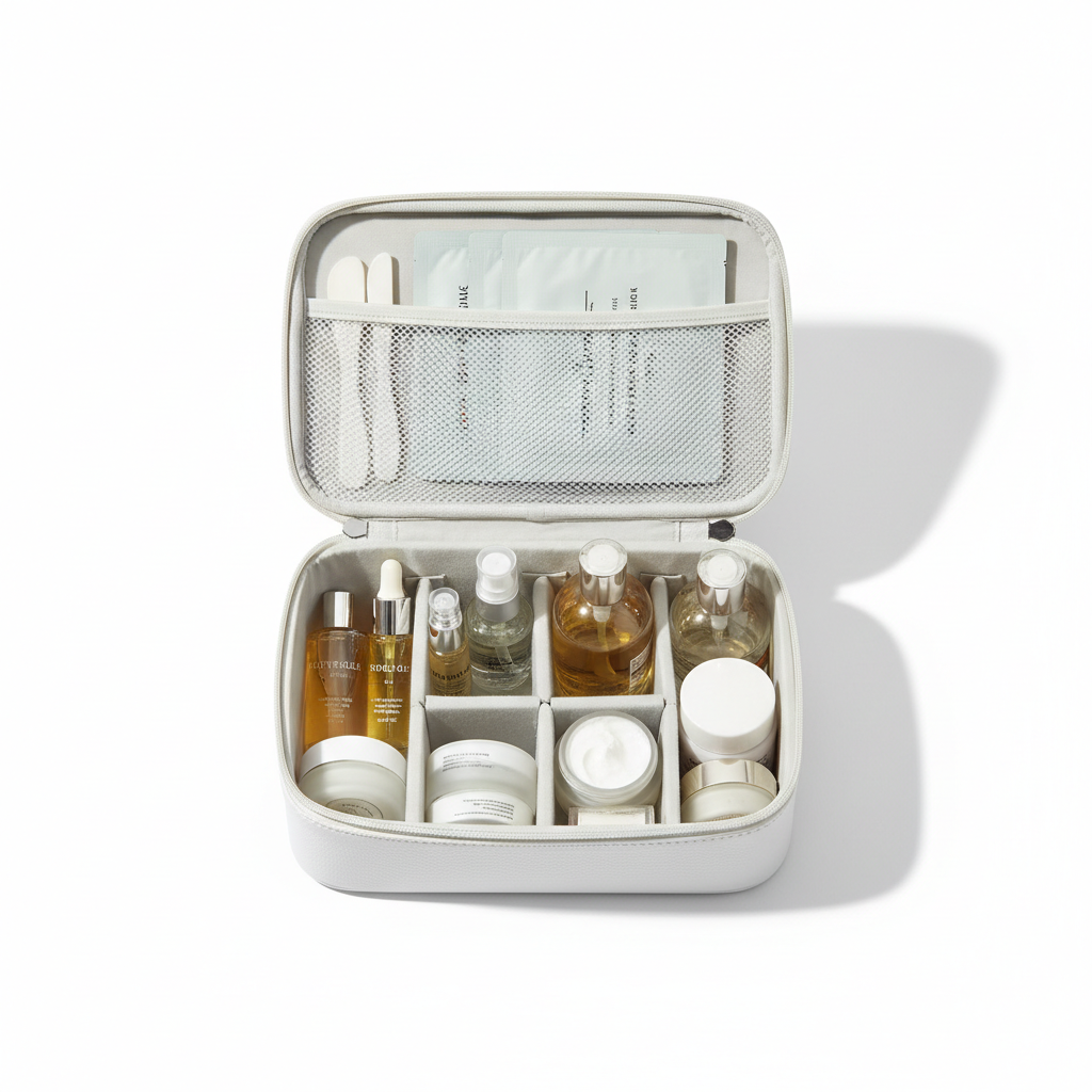 Skincare Travel Cosmetic Case - open with skincare products