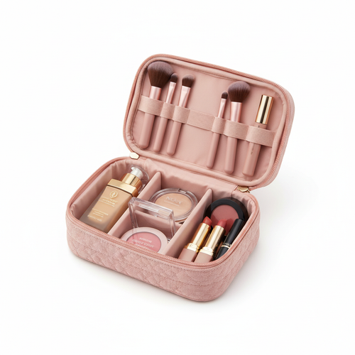 Blush Pink Cosmetic Travel Case - open with beauty products