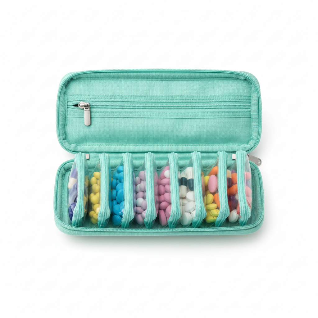 Transparent Pouch Pill Organizer Case - open showing clear pouches