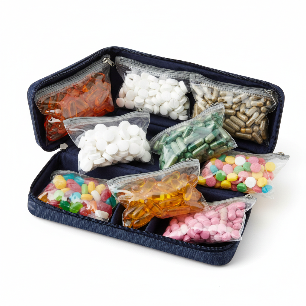 Large Capacity Pill Organizer Case - open with large pouches
