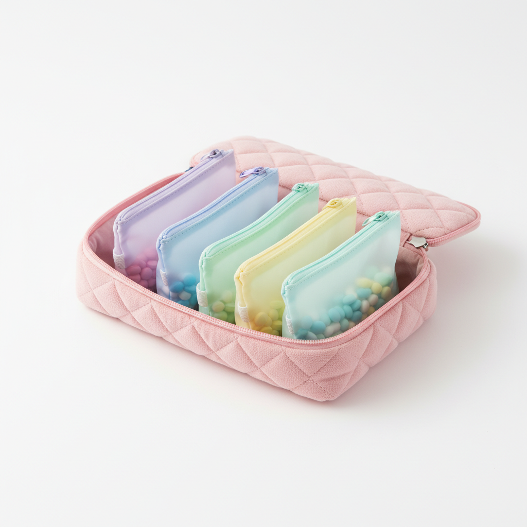 Pastel Pill Organizer Travel Case - open with pastel pouches