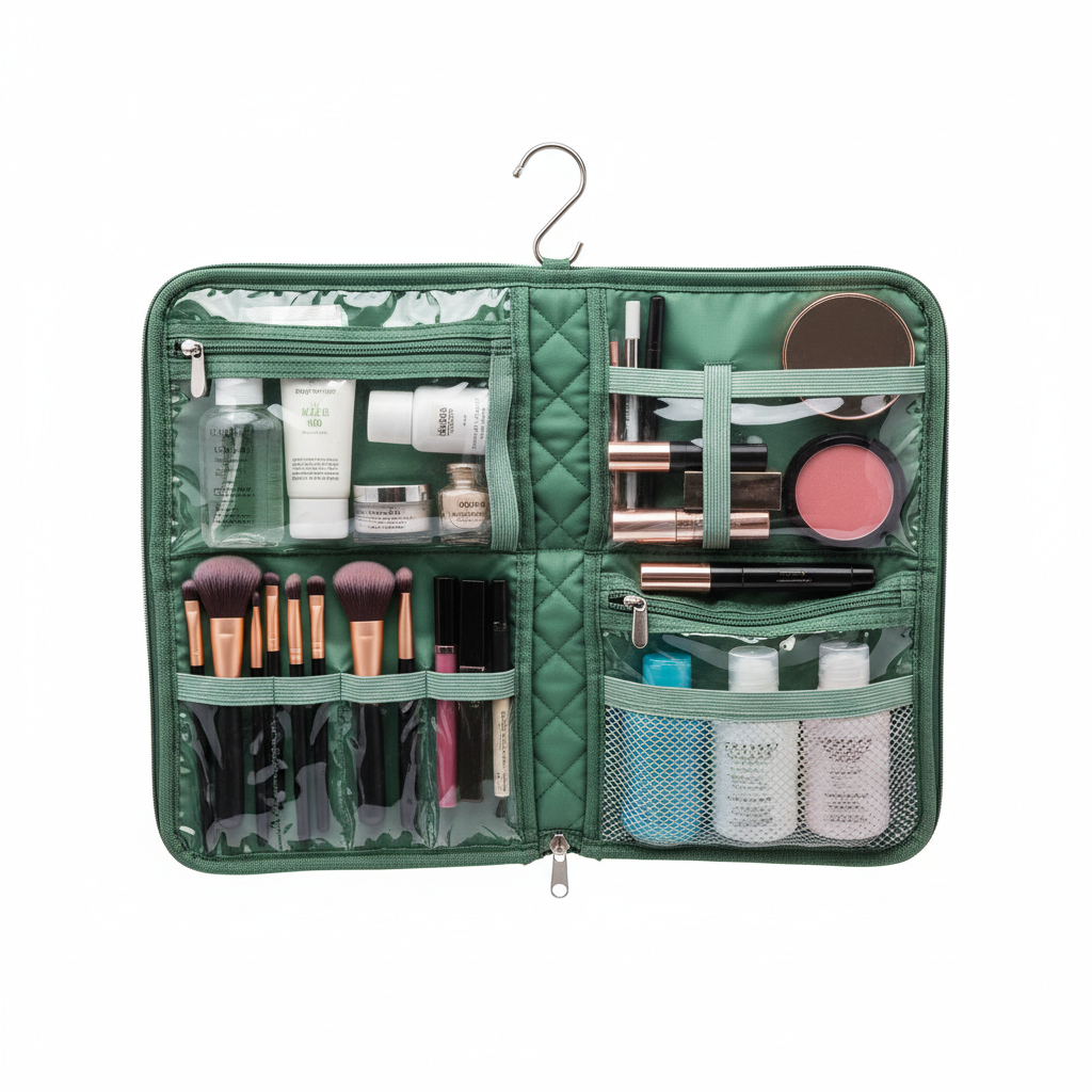 Hanging Cosmetic Organizer Case - open and hanging with products